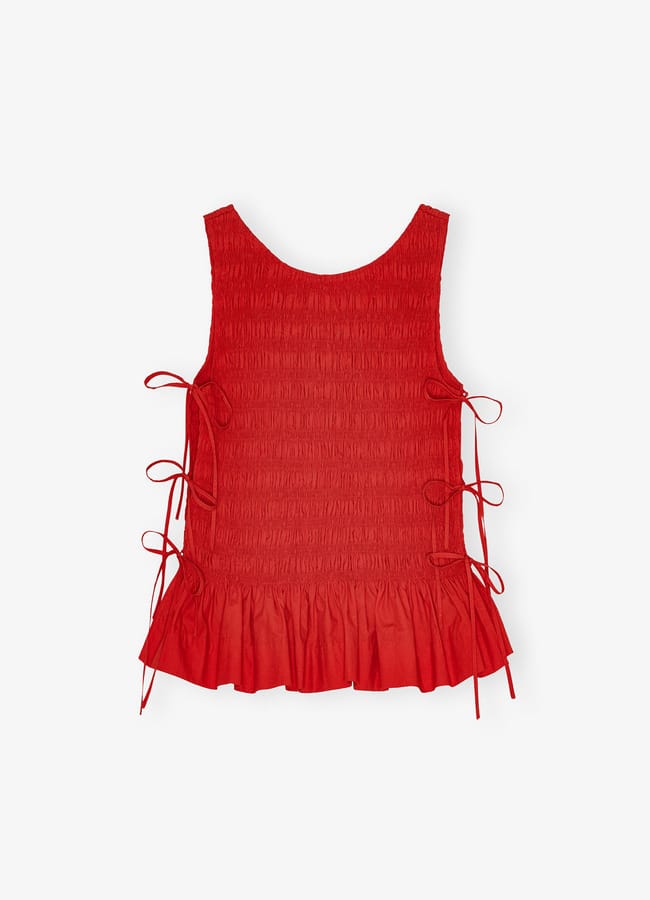 Ganni Red Cotton Smock Tie Top
