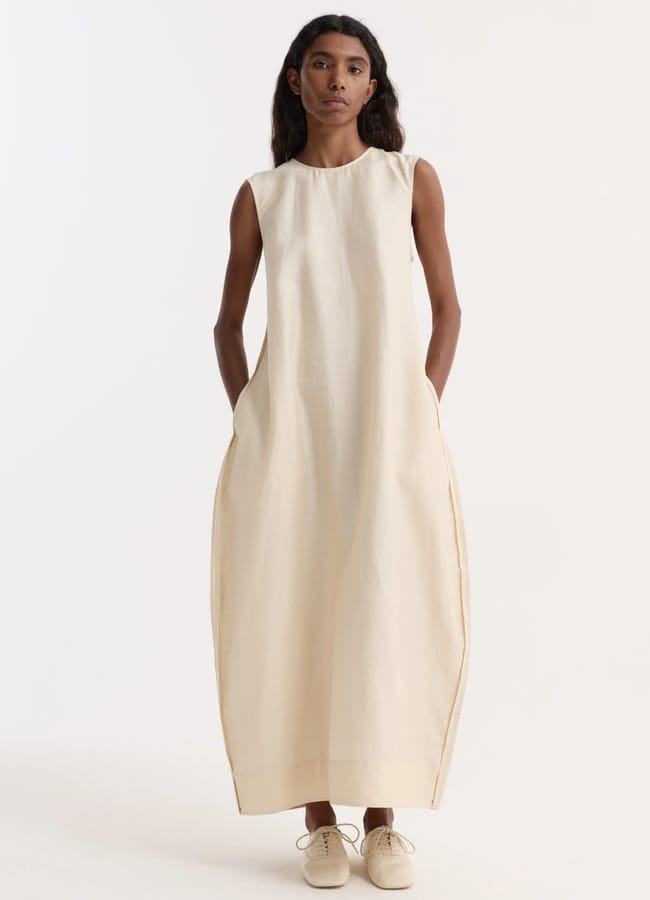 model wearing hourglass linen silk dress | butter