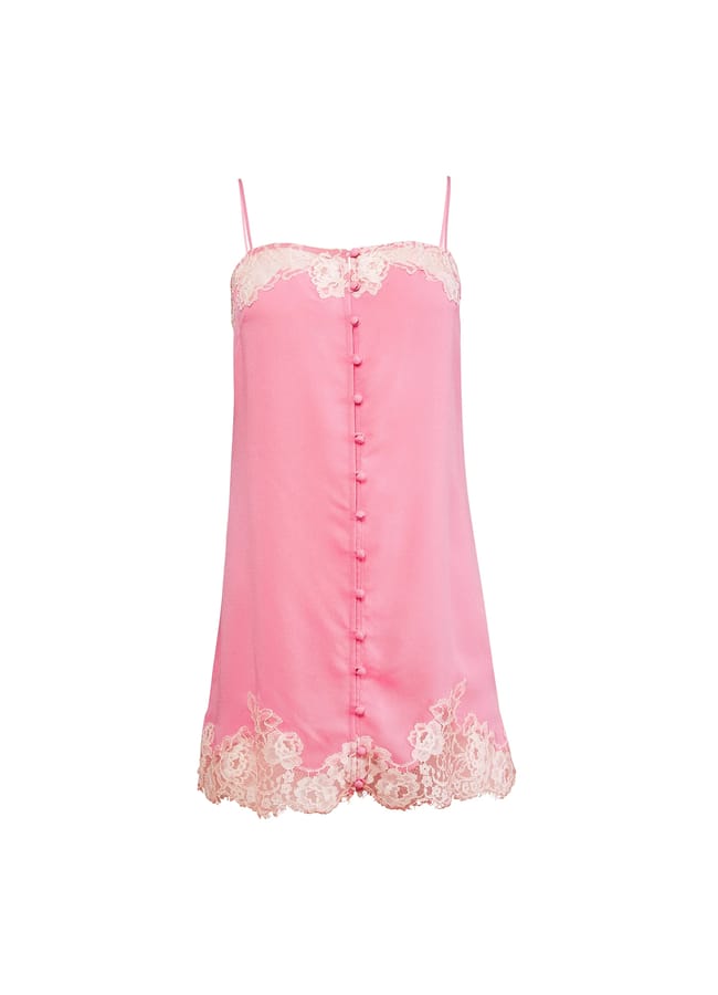 pink button slip lace trim dress