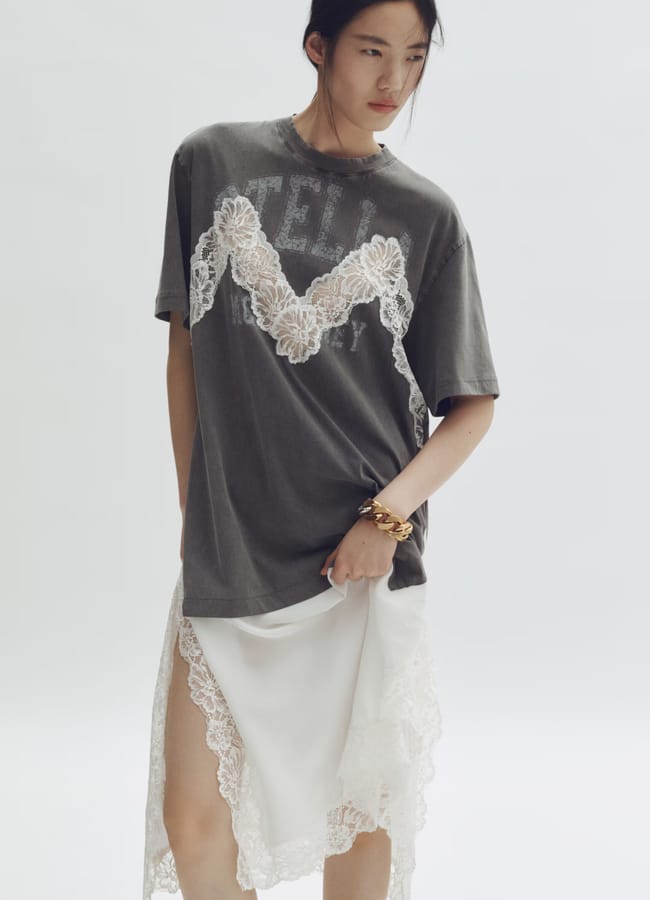 model wearing Lace-trimmed T-shirt dress