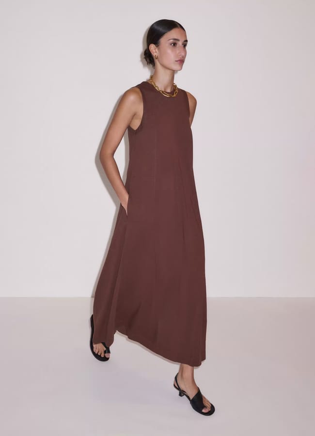 model wearing brown ME+EM Maxi Swing Dress Slub Jersey
