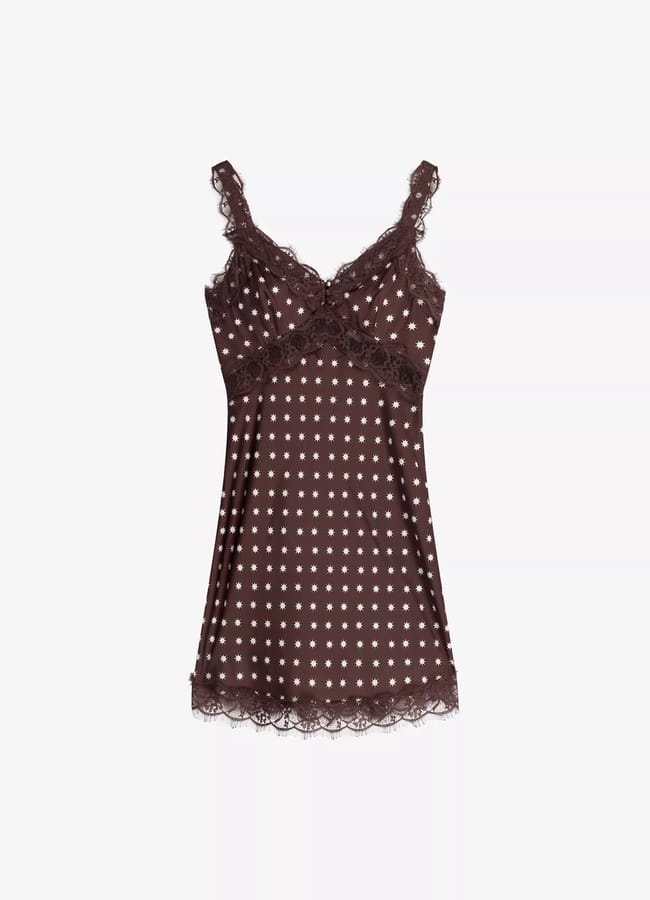 OMNES Allie Star-Print Lace-Trim Satin Mini Dress