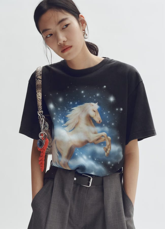 model wearing Oversized printed T-shirt with unicorn motif