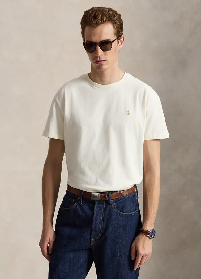 male model wearing Ralph Lauren Classic Fit Jersey T-Shirt , black jeans and black sunglasses