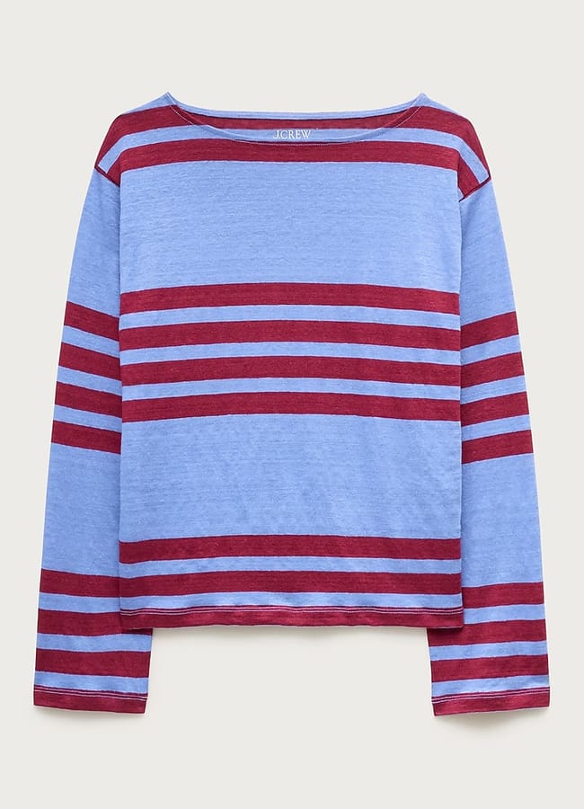 Relaxed boatneck linen long-sleeve T-shirt in stripe blue and red