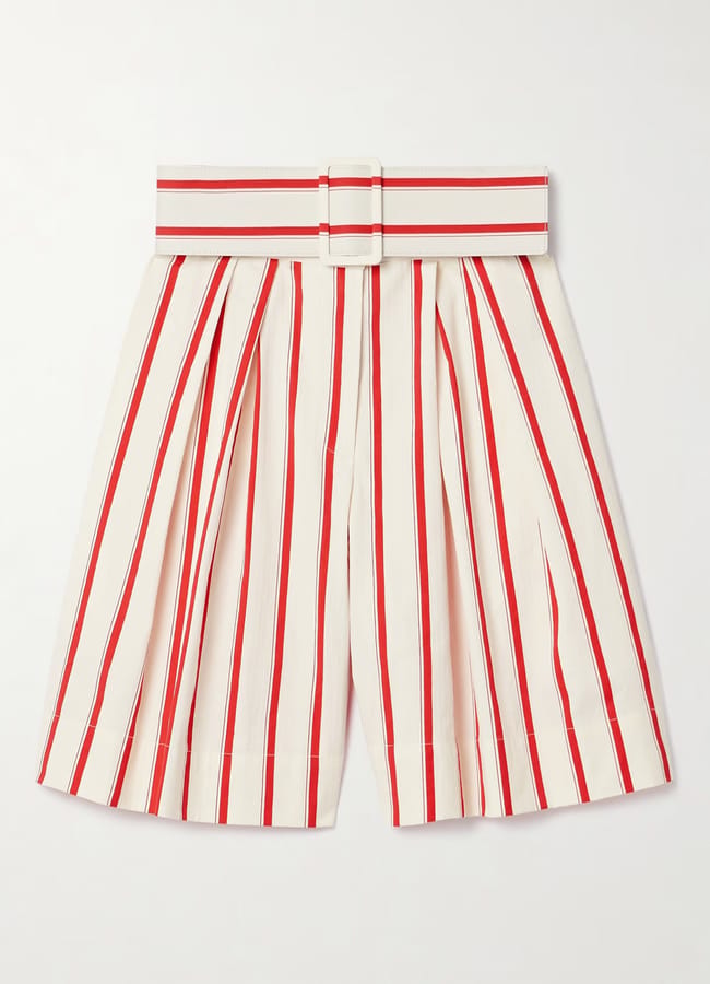 red and white ROSIE ASSOULIN Belted pleated striped herringbone cotton-blend shorts