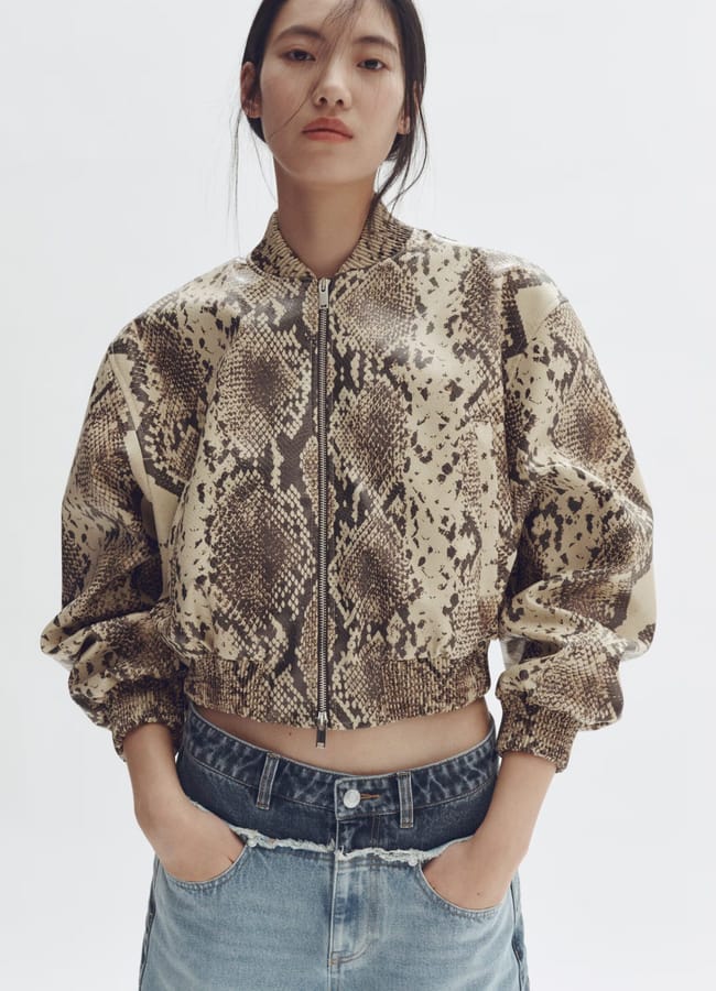 model wearing Snakeskin-print bomber jacket