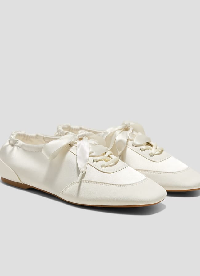 Square-Toe Lace-Up Satin Sneakerina in white