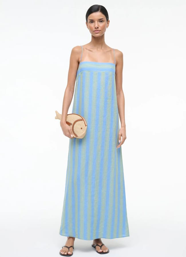 Staud LAURA LINEN DRESS SEAPORT STRIPE