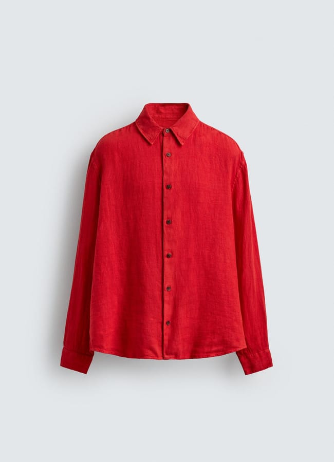 red linen shirt