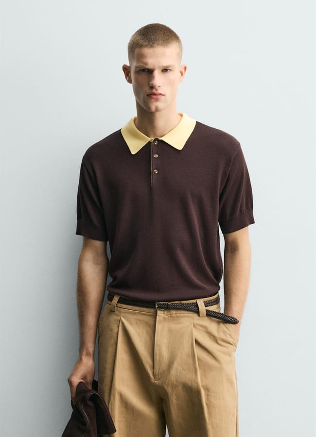 model wearing Zara CONTRAST RELAXED FIT KNIT POLO SHIRT in brown and yellow