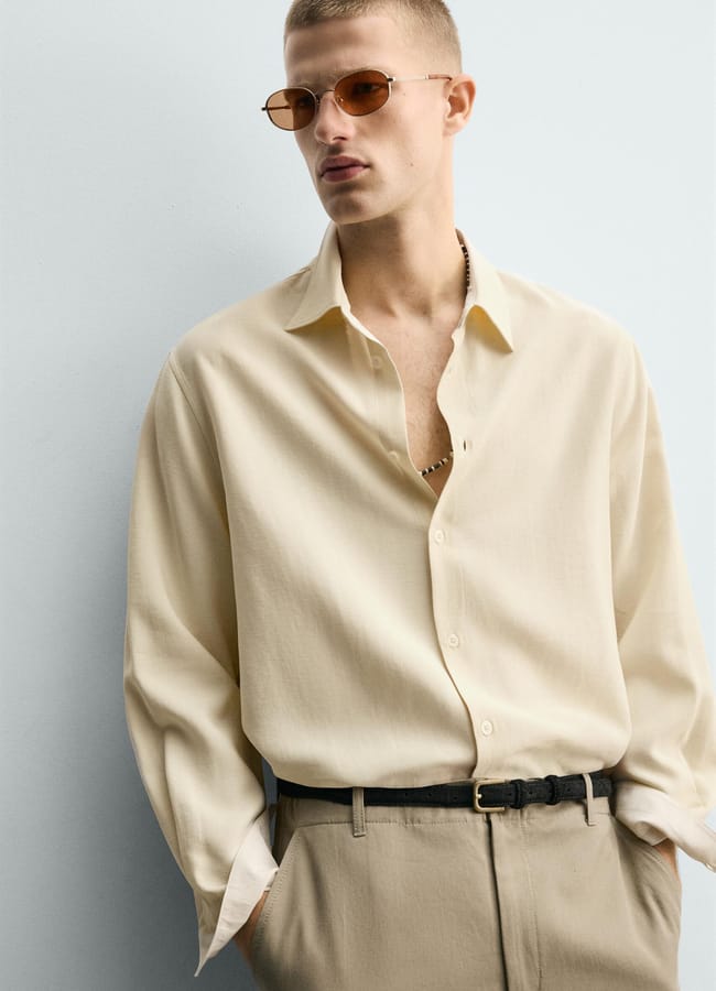 male model wearing butter yellow shirt