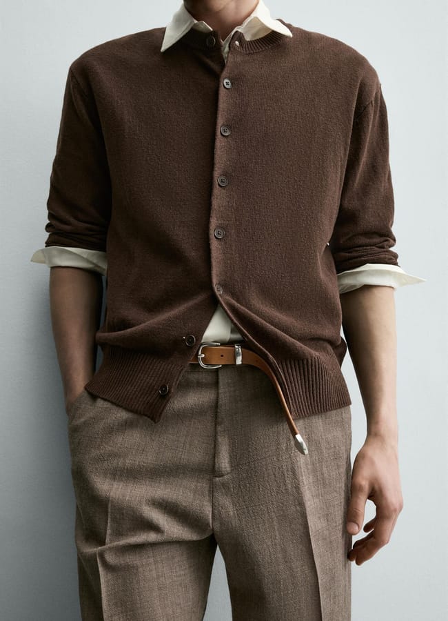 male model close up wearing brown Zara LINEN/COTTON CARDIGAN