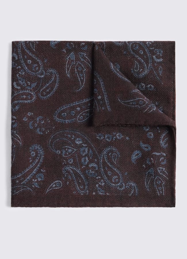 Moss Italian Burgundy & Light Blue Wool Paisley Pocket Square