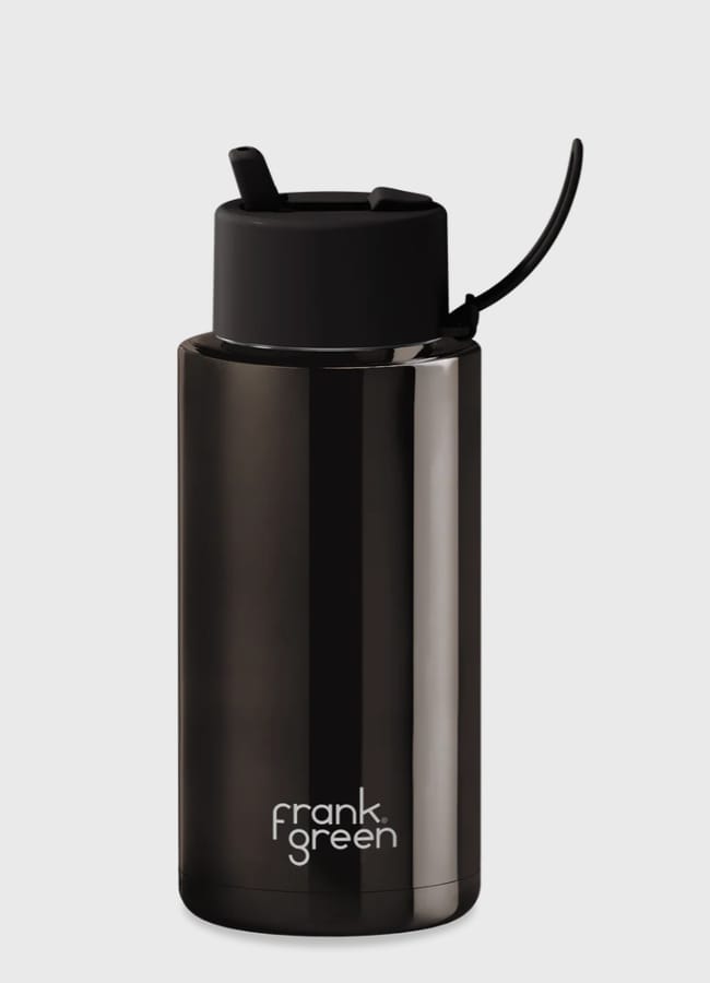 A sleek, black insulated water bottle with a flip-top lid and a carry loop, featuring the frank green logo in white near the base—an ideal choice for Fathers Day gifts 2026, set against a light grey background.