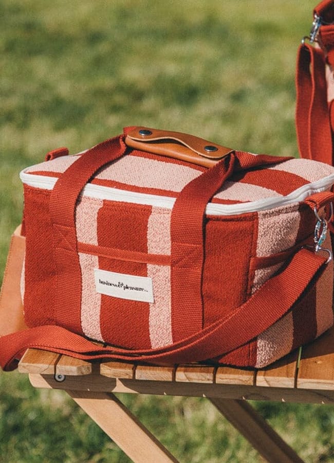 A red and beige striped insulated cool bag, perfect for picnic essentials, features a leather handle and shoulder strap as it rests on a wooden bench outdoors with grass in the background.