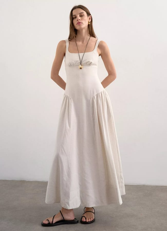model wearing Topshop dropped waist maxi sundress in natural linen