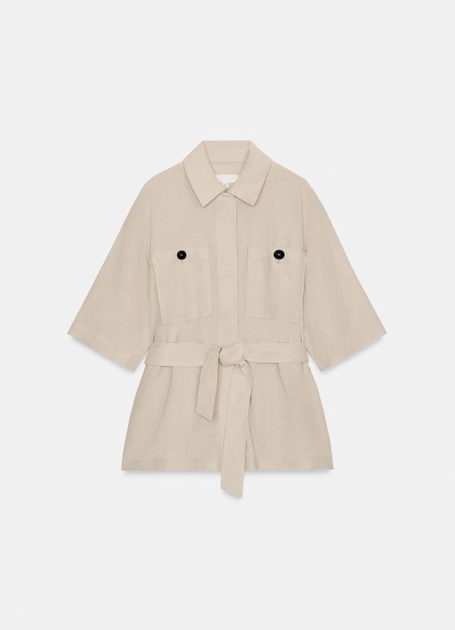 Zara LINEN BLEND SAFARI JACKET in beige with belt tie