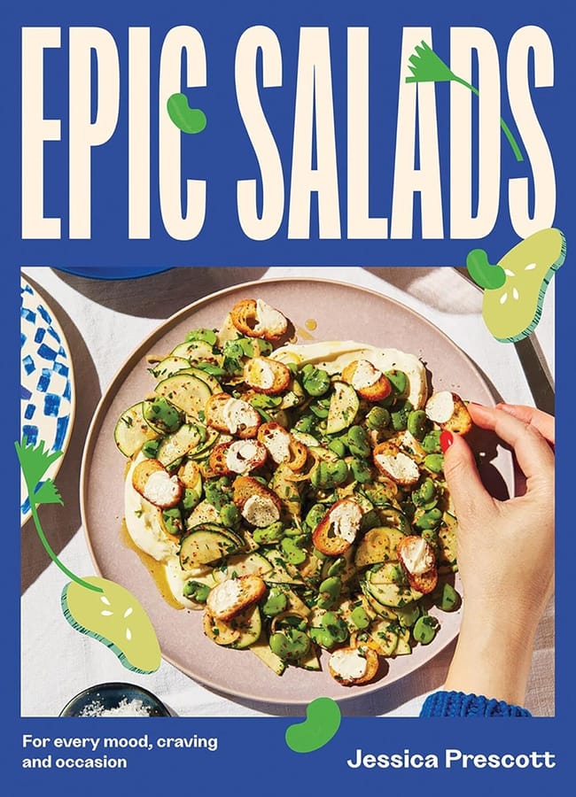 Cover of the book Epic Salads by Jessica Prescott, featuring a colourful salad perfect for salad season, with croutons, cucumbers, and herbs on a plate, a hand reaching in, set against a blue background with playful vegetable illustrations.