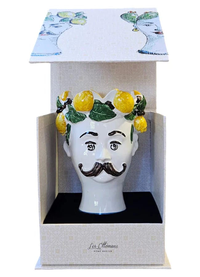 Ceramic male head with a moustache and lemon crown, presented upright in an open decorative box. Perfect for foodie homewares or as a unique addition to your kitchen accessories collection, the box lid displays an illustration matching the ceramic head inside.