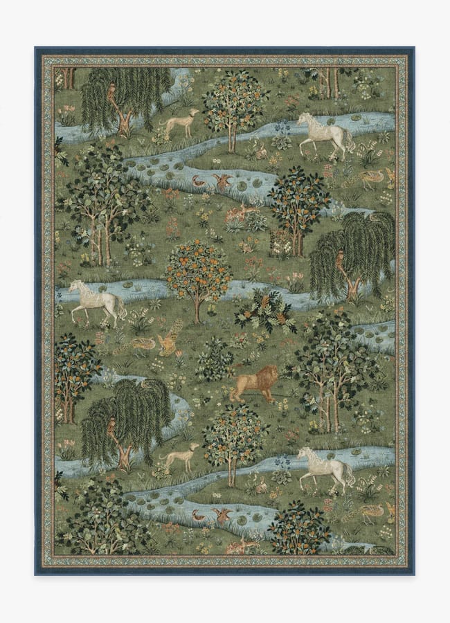 A detailed tapestry reminiscent of the lush interiors found in maximalist hotels, featuring unicorns, a lion, deer, rabbits, birds, and verdant trees by a flowing river—all set against a vibrant green background with a striking blue border.