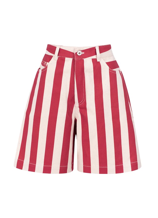Red and white vertically striped high-waisted shorts with belt loops, front pockets, and a button and zip fastening. The loose, relaxed fit makes them perfect for embracing summer micro trends with effortless style. No visible branding.