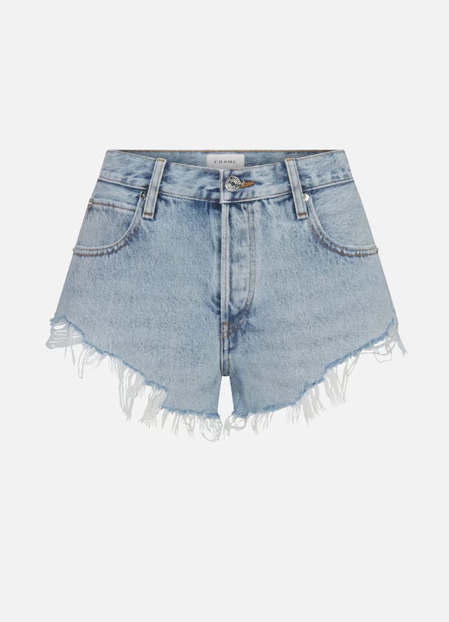 Light blue denim shorts with frayed, asymmetrical hems, front pockets, belt loops, and a button fly fastening—these are among the best denim shorts for effortless casual style. Displayed against a plain white background.