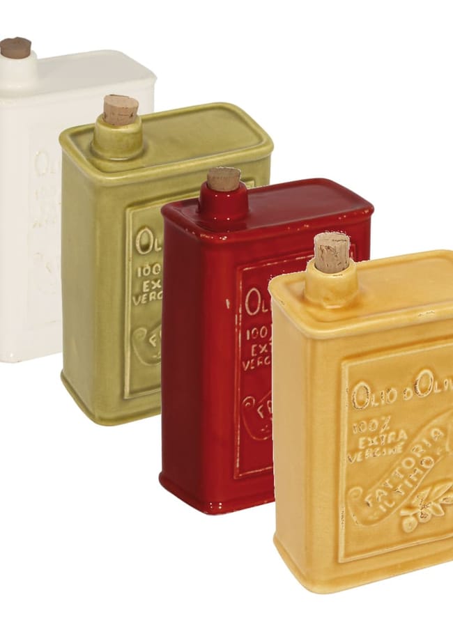 Four rectangular ceramic bottles resembling olive oil tins, perfect for salad season, each with a cork stopper. The bottles come in white, green, red, and yellow and feature embossed Italian writing and olive branch designs on their fronts.
