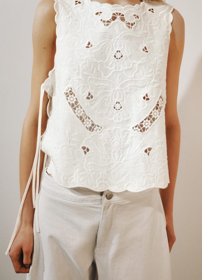 A person wearing a sleeveless white lace top with floral patterns and side ties, paired with high-waisted light-coloured trousers—a chic ensemble that captures the essence of modern high street fashion. The face is not visible.