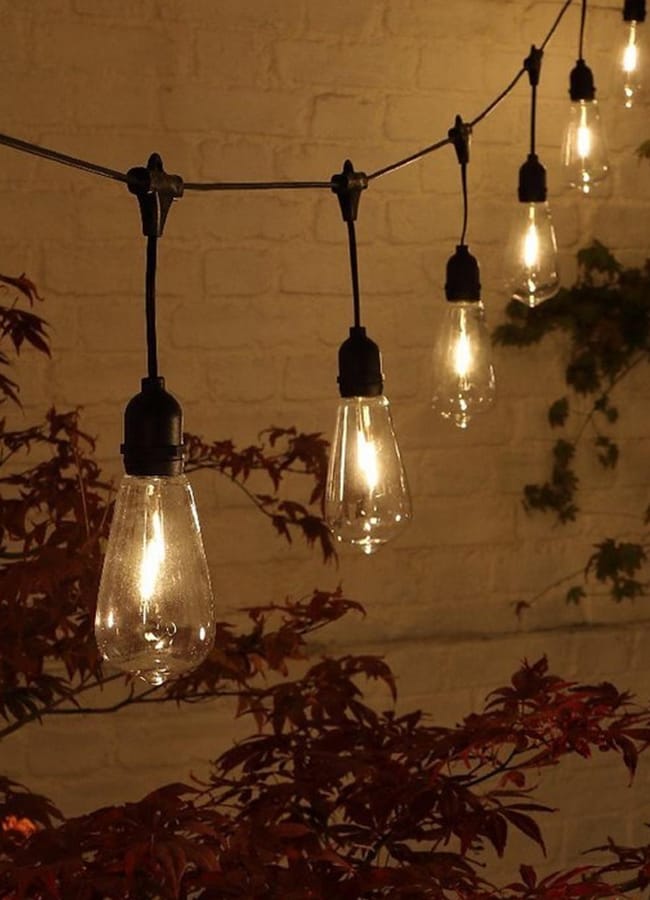 String lights with exposed bulbs hang above reddish leaves in front of a beige brick wall, creating a warm, cosy outdoor atmosphere—perfect to create an inviting space for an at-home outdoor film night.