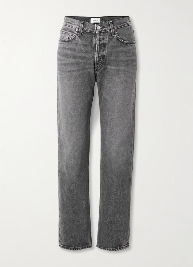 A pair of high-waisted, straight-leg grey jeans with a button and zip fastening, front and back pockets, and subtle fading down the legs—perfect for refreshing your wardrobe during our summer sale.