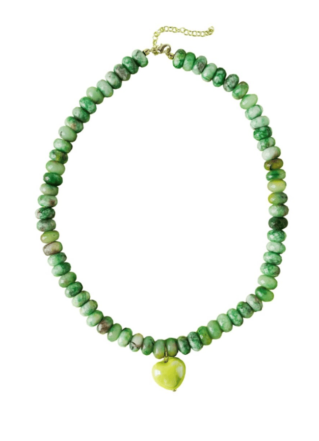 A beaded green necklace with round, marbled beads and a small yellow-green heart pendant in the centre, finished with a gold chain clasp—perfect for adding a pop of colour to your collection of colourful jewellery pieces.