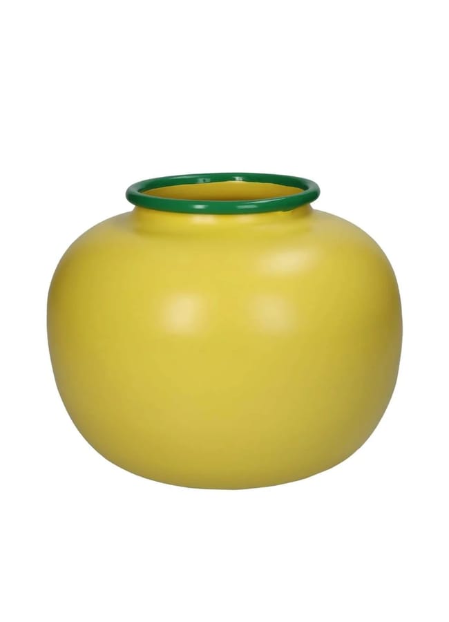 A round, yellow ceramic vase with a wide opening and a green rim, shown against a plain white background—a striking piece that perfectly captures the chartreuse colour trend.