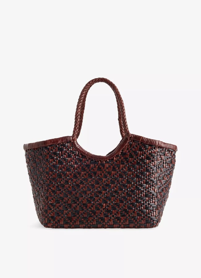 A medium-sized woven basket bag with two handles, featuring a chequered pattern in dark brown and reddish-brown tones—perfect for pairing with your favourite oversized shirt outfit ideas for a relaxed yet stylish look.