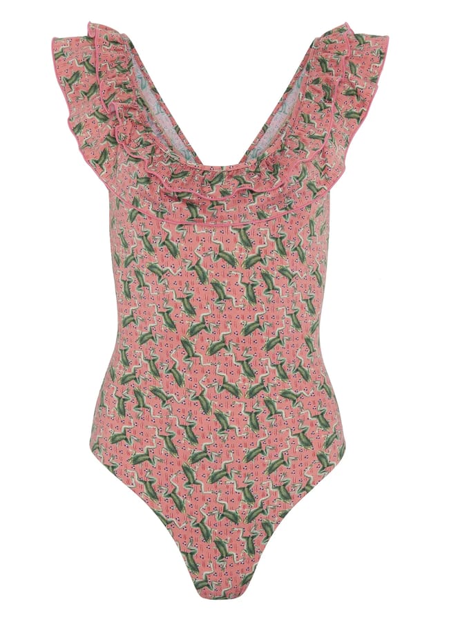 Pretty swimwear meets playful charm in this pink one-piece swimming costume with ruffled shoulder straps and an all-over green cactus print on a light pink background. The costume has a fitted shape and feminine design details, making it a delightful choice for sunny days by the pool.