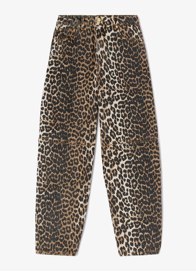 Brown leopard print wide-leg jeans with front button and pockets, laid flat on a white background—perfect for pairing with your favourite oversized shirt outfit ideas.