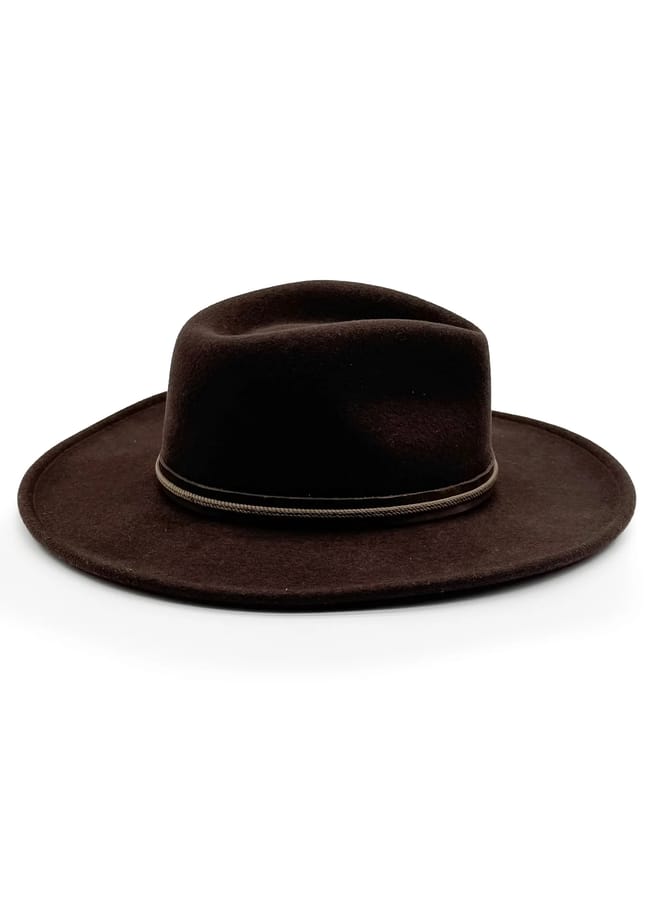 A wide-brimmed, dark brown felt hat with a rounded crown and a thin, matching band around the base, displayed on a white background—perfect for channelling the classic style often seen on celebrity couples on holiday.