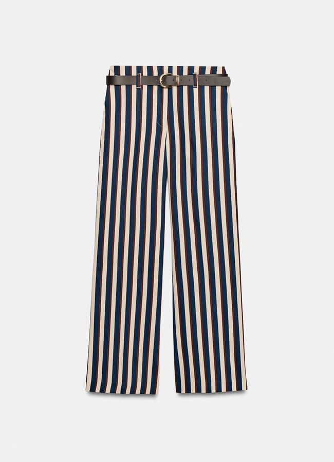 High-waisted, wide-leg trousers with vertical navy blue, white, and tan stripes and a black belt with a gold buckle—new in at Zara—displayed on a plain white background.