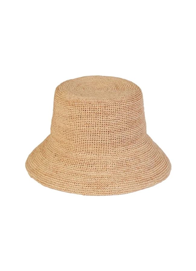 A plain, light-brown woven bucket hat with a wide, downward-sloping brim, displayed on a white background—a staple of effortless celebrity fashion and perfect for elevating your holiday style.