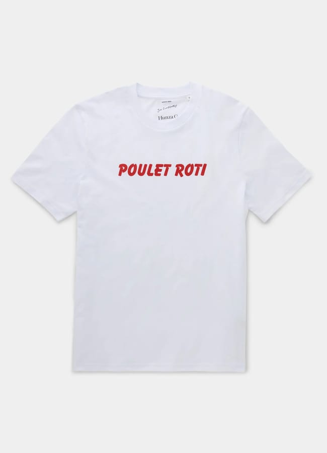 A plain white T-shirt with the words POULET ROTI printed in bold red text across the chest, perfect for fans of Slogan Tees and trending T-shirts alike.