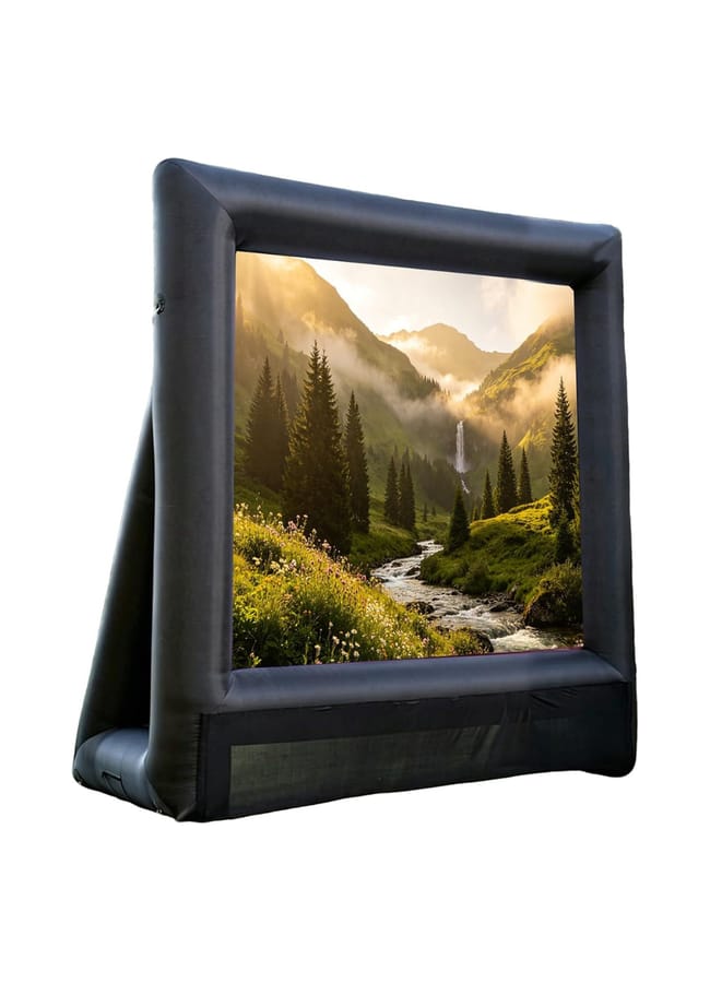 An inflatable outdoor cinema screen displays a scenic landscape of green hills, pine trees, a stream, and a distant waterfall under a sunlit sky—perfect for creating an unforgettable outdoor film night.