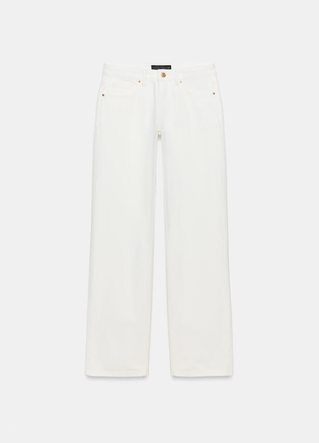 White, high-waisted, straight-leg jeans with front and back pockets, belt loops, and a button fastening—new in at Zara—displayed against a plain white background.