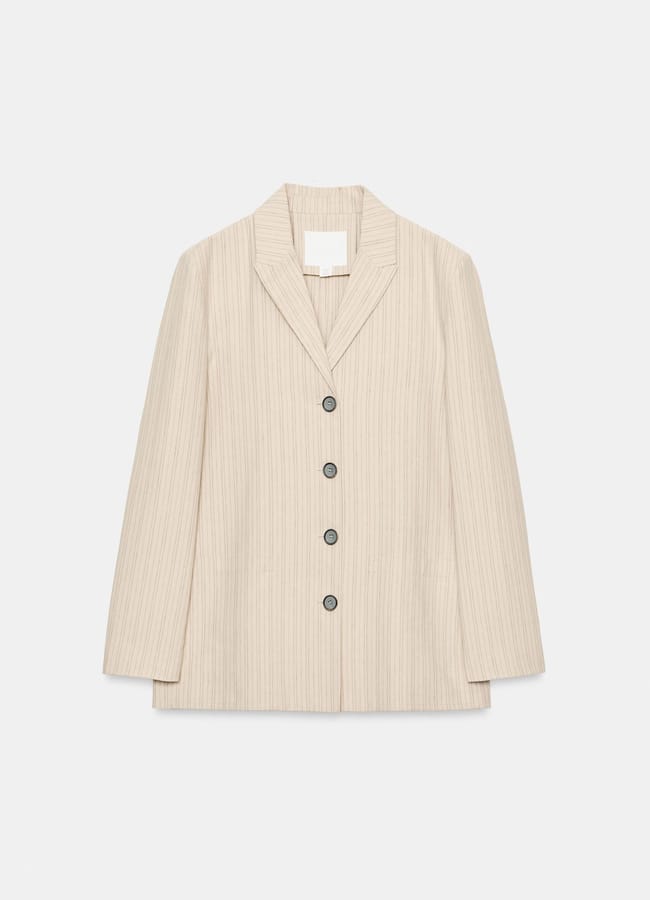 Beige pinstripe blazer with notched lapels and four dark buttons down the front, new in at Zara, displayed against a plain white background.
