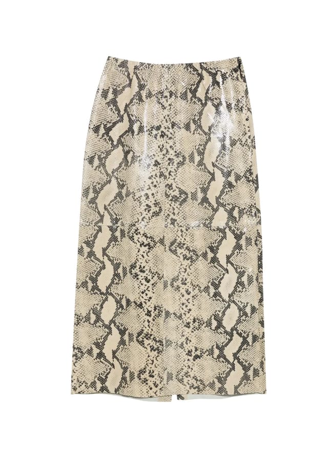 A beige and black snakeskin-patterned, high-waisted, knee-length skirt with a glossy finish—an eye-catching choice for sophisticated corporate looks for women—photographed on a white background.