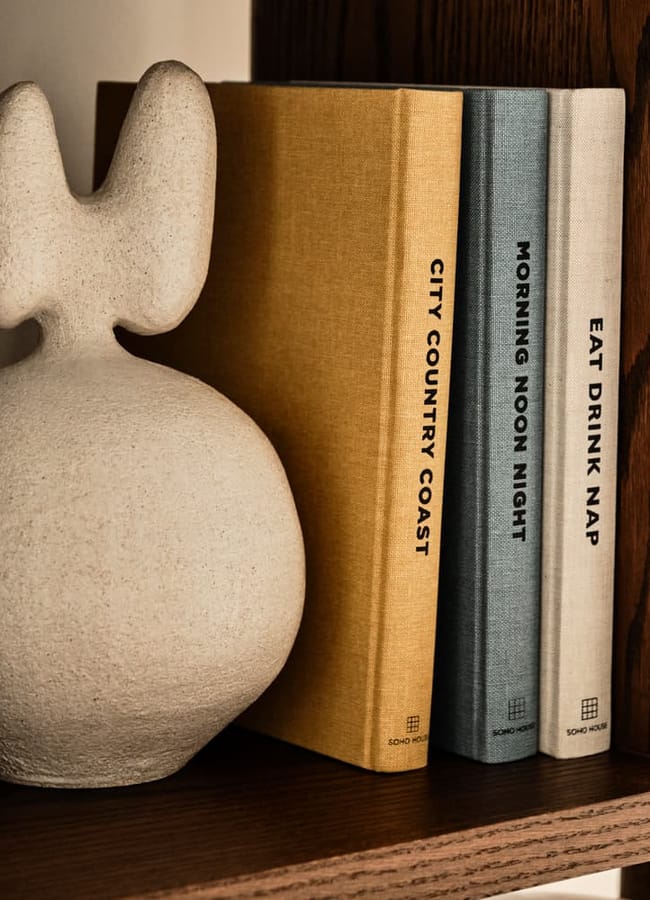A cream-coloured abstract sculpture, part of our chic homeware under £50 collection, sits on a wooden shelf next to three hardback books with coloured spines labelled CITY COUNTRY COAST, MORNING NOON NIGHT, and EAT DRINK NAP.