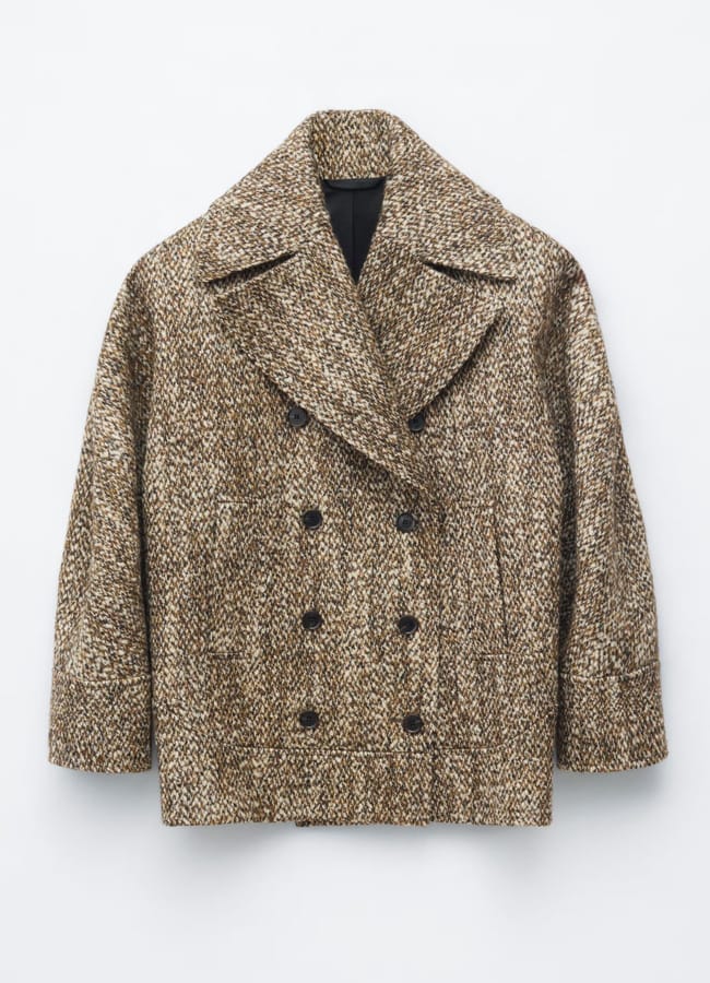 Brown and beige textured double-breasted wool coat with wide lapels and black buttons, displayed on a white background—a stylish alternative to lightweight jackets for cooler days.