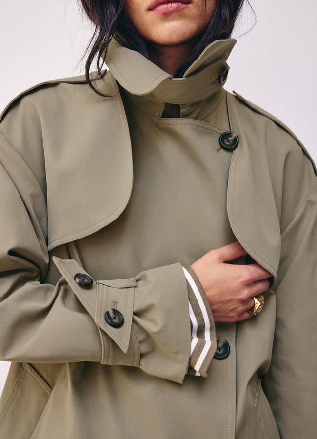 A person wears a khaki trench coat with black buttons, holding the coat closed at the chest—a style often seen in minimalist high street brands. Their face is partially visible, and they have long dark hair.
