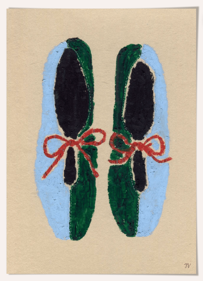 An illustration of two light blue and dark green ballet shoes with red bows on a beige background, perfect as affordable wall art.