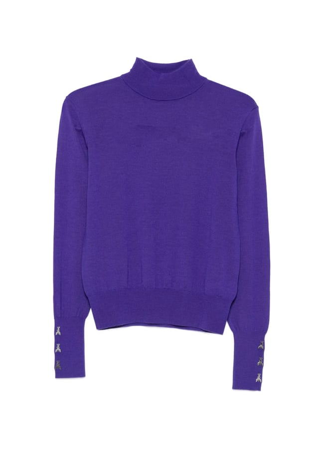Purple polo neck jumper featuring small bee embellishments on the cuffs.