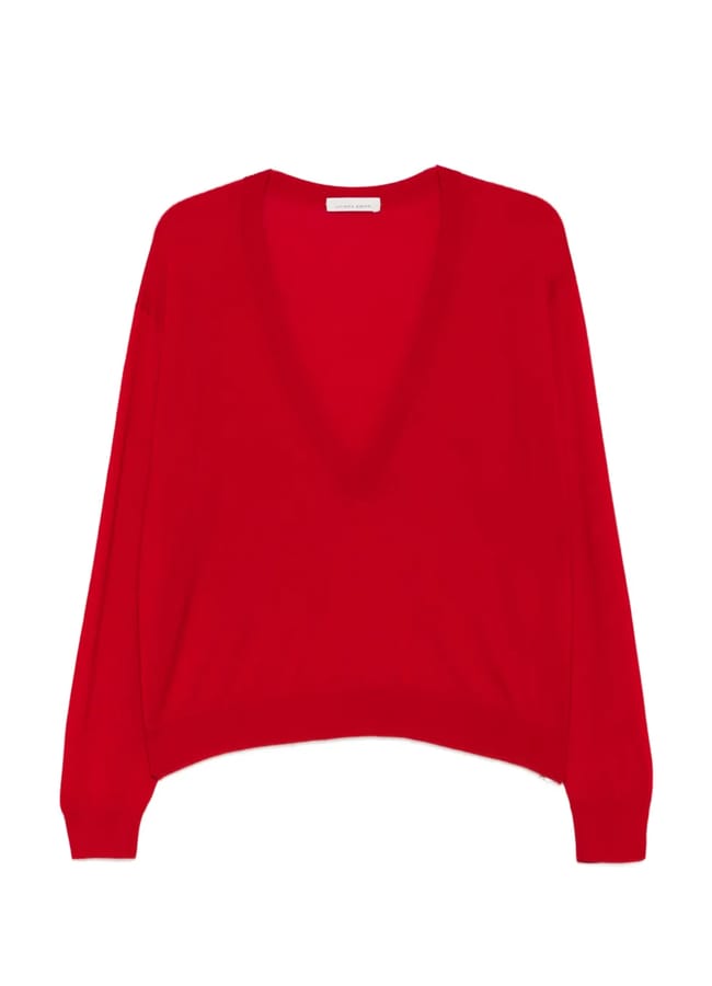 Bright red V-neck long-sleeve jumper.